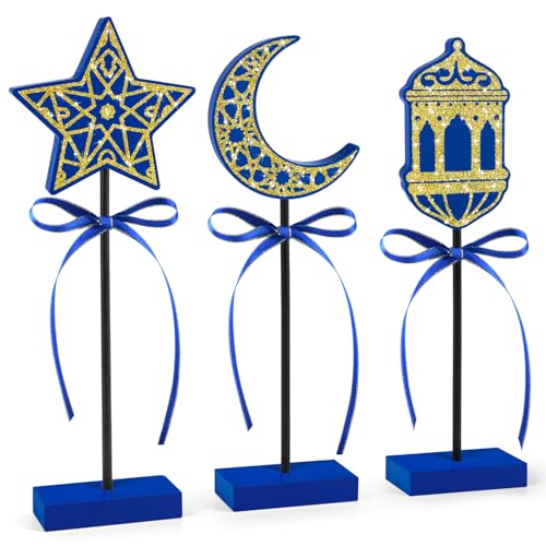 3 PCS Ramadan Table Decorations Wooden Eid Mubarak Signs Rustic Islamic Ramadan Tiered Tray Decor for Muslim Party Home Kitchen Decor (Blue.Shiny) - color: Blue.Shiny