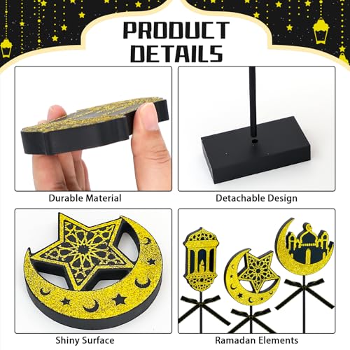 3-Piece Ramadan Wooden Table Decorations, Black Gold Eid Mubarak Table Topper Set, Shiny Islamic Ramadan Tiered Tray Decor for Muslim Party, Wedding, Tabletop, Bookshelf, Home Decor