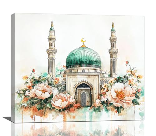 Islamic Wall Art Muslim Pictures Wall Decor Watercolor Arabic Medieval Prints Canvas Painting Framed Modern Artwork Home Decoration for Living Room Bathroom Bedroom Office 20"X24" - color: Mosque, size: 20"L x 24"W