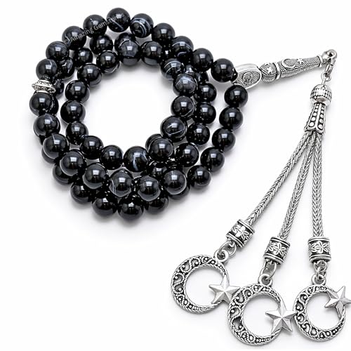 Amazing Gemstone Black Banded Agate Tasbeeh with Moon and Star Charm - Certified Crystal Muslim Prayer Beads Natural Gemstone Tasbih Gift for Ramadan Dhikr and Daily Namaz (S) - color: Black Banded Agate