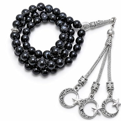 Amazing Gemstone Black Banded Agate Tasbeeh with Moon and Star Charm - Certified Crystal Muslim Prayer Beads Natural Gemstone Tasbih Gift for Ramadan Dhikr and Daily Namaz (S) - color: Black Banded Agate