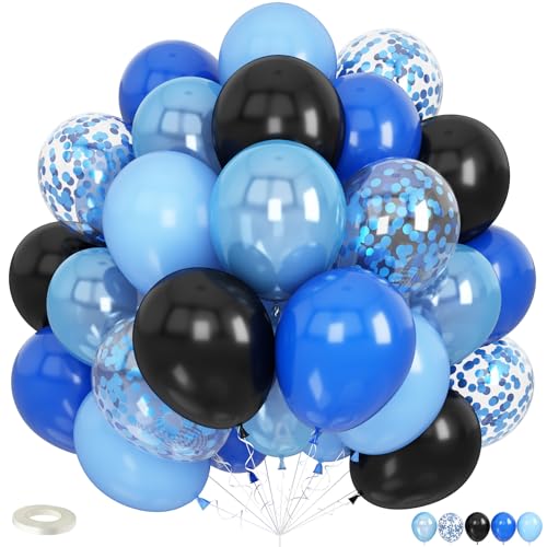Blue and Black Balloons, 60pcs 12 Inch Dark Royal Pearl Light Blue Black Balloons with Confetti Balloon for Boys Men Birthday Graduation Class of 2026 Video Game Retirement Father's Day Party Decor - color: Blue Black