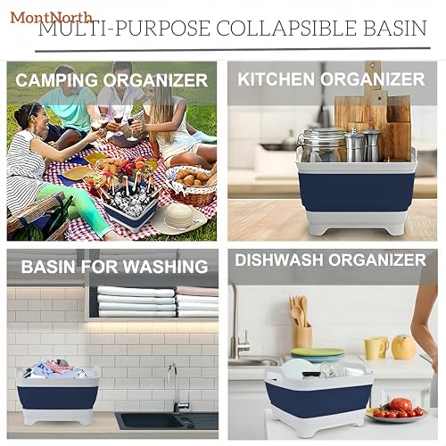 Collapsible Wash Basin 9L, Foldable Dish Tub with Drain Plug, Portable Collapsible Dish Basin, Camping Sink for Washing Dishes, Laundry & Kitchen Use (Navy Blue) - color: Navy blue - Set of 1