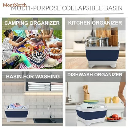 Collapsible Wash Basin 9L, Foldable Dish Tub with Drain Plug, Portable Collapsible Dish Basin, Camping Sink for Washing Dishes, Laundry & Kitchen Use (Navy Blue) - color: Navy blue - Set of 1