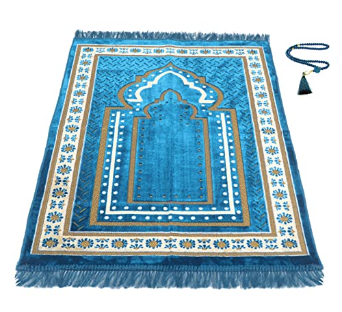 TB Islamic Prayer Rug Thick Soft Velvet Muslim Mat Unique Arabic Turkish African Embroidered Design Prayer Bead Daily Salah Prayer Meditation Ramadan Eid Gift for Women Men Kids (Blue) - color: Blue