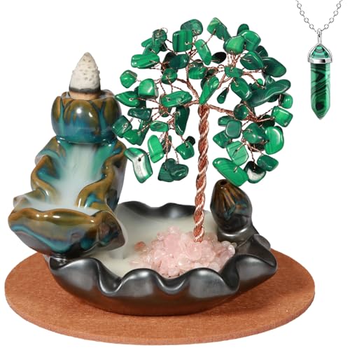 Malachite Waterfall Incense Burner, Money Tree Backflow Incense Holder Healing Crystal Stone, with 30 Backflow Incense Cones + 30 Incense Stick for Yoga Meditation Home Zen Decoration - color: Malachite