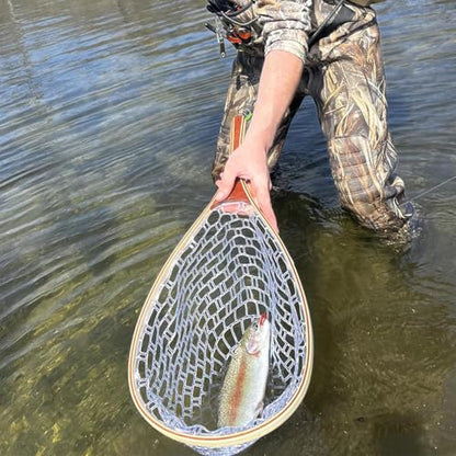 Fly Fishing Landing Net Soft Rubber Mesh Trout Net with Handle Catch and Release Nets Freshwater Saltwater Wooden Nets Gifts for Father Men
