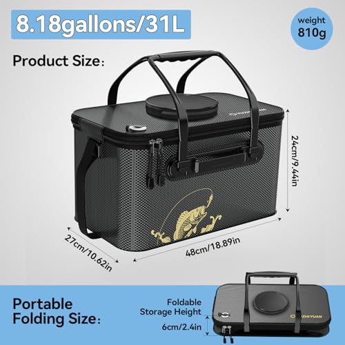 Fishing Bucket Foldable， 6Gallon/8Gallon/10Gallon,Live Fish Container Multi-Functional Live Fish Bait Bucket,for Fishing, Camping, Moving - color: Black-a