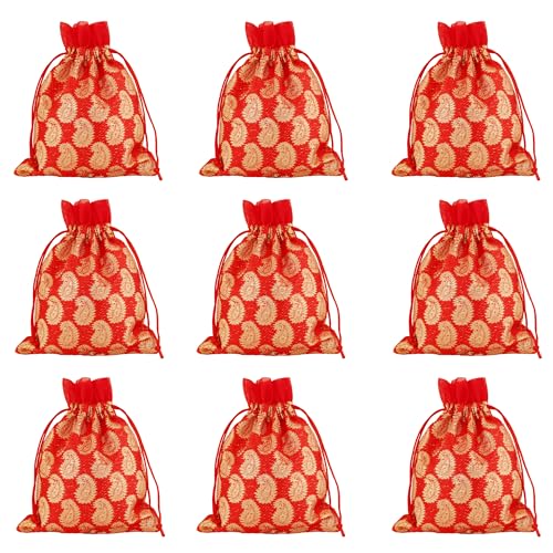 Touchstone Drawstring Bags Indian Handcrafted Pouches Potli for Gifts - color: Paisley_red (Pack of 9), size: 7x5 inches
