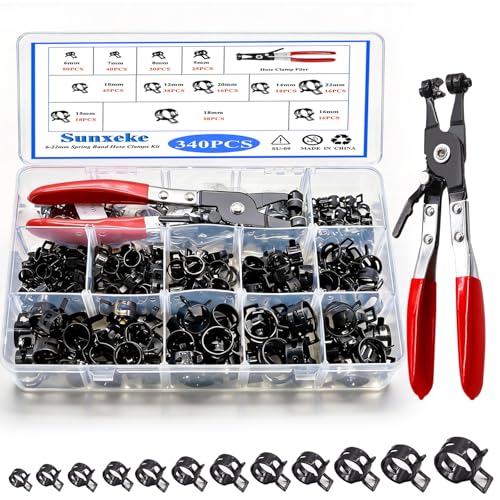 340Pcs 6-22mm Spring Band Hose Clamps Kit,12 Sizes Spring Pipe Clamps with Swivel Flat Hose Clamp Plier,Low Pressure Air Clip Strap Clamp for Silicone Vacuum Hose Clamp Fuel Line Clamps - color: Black-340pcs + Plier