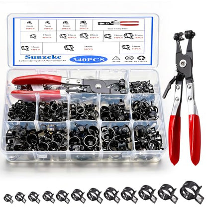 340Pcs 6-22mm Spring Band Hose Clamps Kit,12 Sizes Spring Pipe Clamps with Swivel Flat Hose Clamp Plier,Low Pressure Air Clip Strap Clamp for Silicone Vacuum Hose Clamp Fuel Line Clamps - color: Black-340pcs + Plier