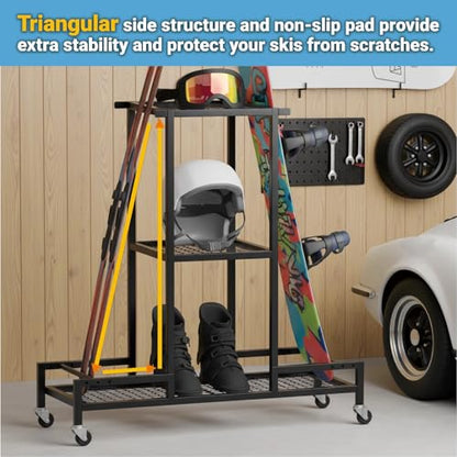 Standing Ski Storage Rack | Holds Snowboards & Skis, 3-Tier Organizer for Gear, Black - Ski Rack for Garage (without antislipmat) - style: without antislipmat