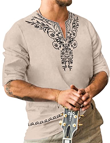 JoZorro Mens Polyester Linen V Neck Henley Shirt Long Sleeve Caftan Handmade Tunic Embroidered Casual Beach T Shirts - color: Beige, size: Medium