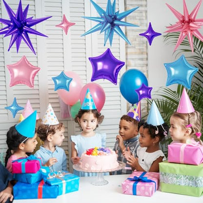 Pink Purple Blue Star Balloons,16Pcs 22/18/10 Inch Foil Mermaid Decor Set - color: Pink Purple Blue