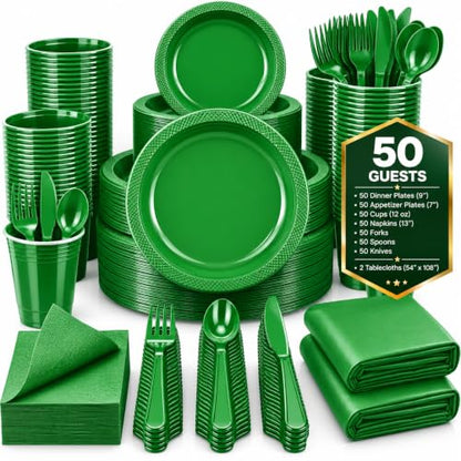 Tinybee 352 Pcs Green Plastic Plates, Disposable Dinnerware Set for 50 - color: Green