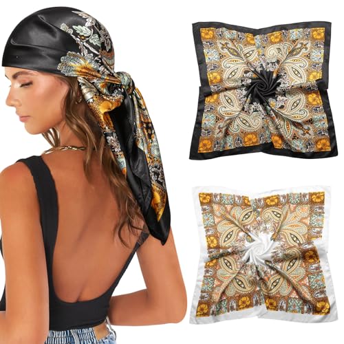 AWAYTR 35” Large Satin Square Head Scarf - 2Pcs Silk Like Floral Head Scarves Square Satin Hair Scarf Bandanas for Women - color: Cashew(black/Beige)