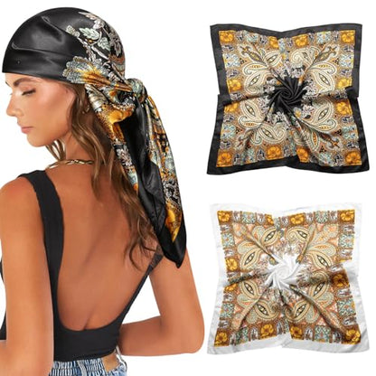 AWAYTR 35” Large Satin Square Head Scarf - 2Pcs Silk Like Floral Head Scarves Square Satin Hair Scarf Bandanas for Women - color: Cashew(black/Beige)
