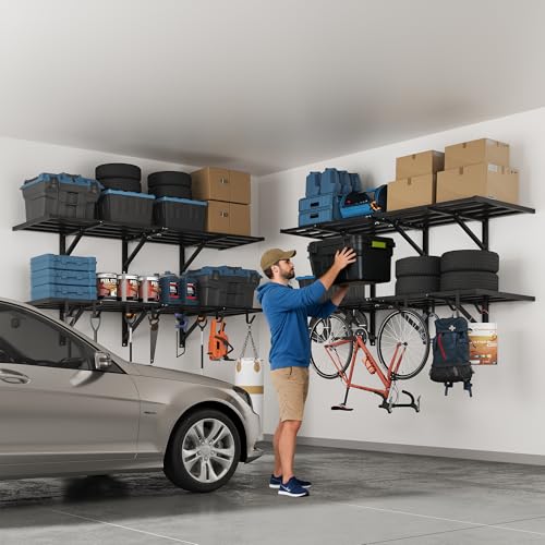 FLEXIMOUNTS 2-Pack 2x6ft Heavy Duty Garage Wall Shelving, 1200lbs Capacity, Garage Shelving Wall Mounted with 8 Hooks, Storage for Power Tools, Garden Supplies, Storage Bins, Lite Series - size: 2pack 2x6ft w/ 8 hooks-1200lbs