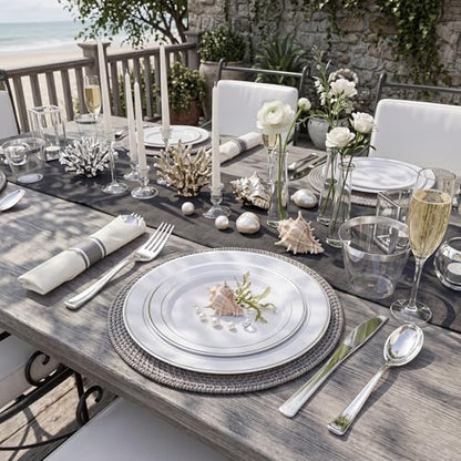 WDF Partyware 350Piece Silver Plastic Dinnerware Set for 50 Guests - Silver Plastic Plates with Cutlery Include:50Dinner Plates-50Dessert Plates-50Pre Rolled Napkins with Silverware Party Wedding - color: White and Silver, size: 350