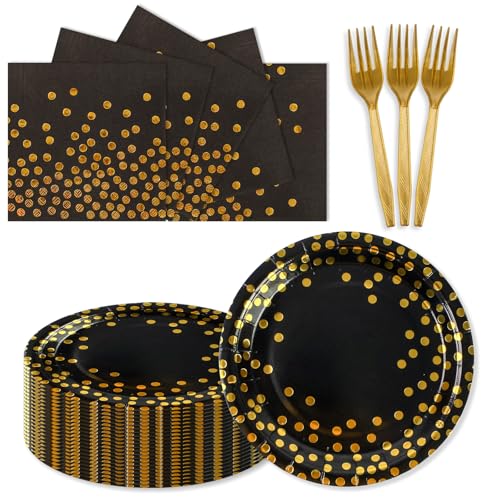 Paper Plates and Napkins Set, Black and Gold Dot, 150PCS - color: Black Gold Dot, size: 7inch-150pcs
