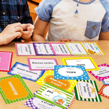 Ceiba Tree Spanish Conversational Phrase Flash Cards English to Spanish 100Pcs Double-Sided Bilingual Vocabulary Flashcards Learn Español Toys for Kids Adult Beginners Toddlers Grade School Classroom