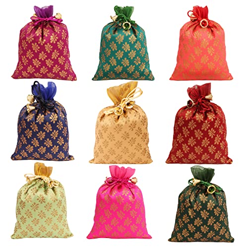 Touchstone Drawstring Bags Indian Handcrafted Pouches Potli for Gifts - color: Mimosa Leaf_multicolor (Pack of 9), size: 6x4 inches