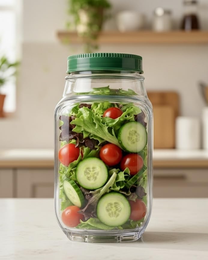 Salad Pod Mason Jar with Side Opening, Leakproof Salad Container for Lunch To Go, Portable Salad Shaker Jar with Dressing Cup, BPA-Free 34oz, Dishwasher & Microwave Safe