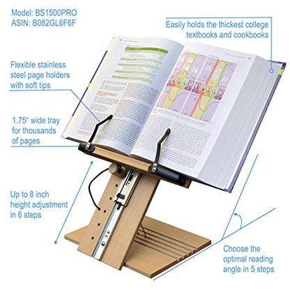 BS1500PRO Large Portable Height Adjustable Foldable Eye-Level Ergonomic Bookstand Holder for Reading Hands Free Large Thick Heavy College Textbooks Tablets Neck Pain Free - size: PRO