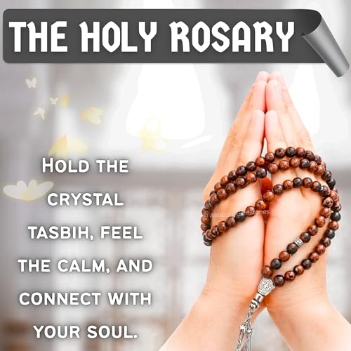 Amazing Gemstone Mahogany Obsidian Tasbeeh with Moon and Star Charm - Certified Crystal Muslim Prayer Beads Natural Gemstone Tasbih Gift for Ramadan Dhikr and Daily Namaz (S) - color: Mahogany Obsidian