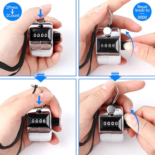 FEBSNOW Handheld Tally Counter Clicker 4 Digital Number Click Counter for School Event Golf Sports Office Stadium - color: Metallic