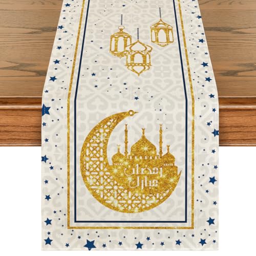Artoid Mode White Moon Star Golden Ramadan Table Runner, Seasonal Summer Holiday Kitchen Dining Table Decoration for Home Party Decor 13x90 Inch - color: Off White, size: 13" x 90", Table Runner