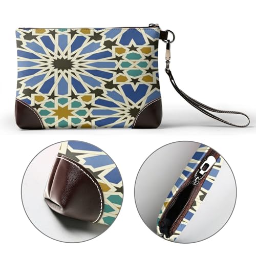 Leather Clutch Purse for Women, Large Capacity Wristlet Wallet with Removable Strap, Zip Handbag - color: Geometric Islamic Art