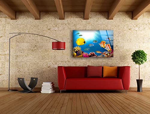 Myphotostation Coral Reef Wall Art Tempered Glass Wall Art 60WX40H''Fish at Aquarium Wall Art Modern Decor Glass Printing Large Wall Art Tempered Glass Panel Under Sea Wall Art Sea Life Wall Art - size: 40"L x 60"W
