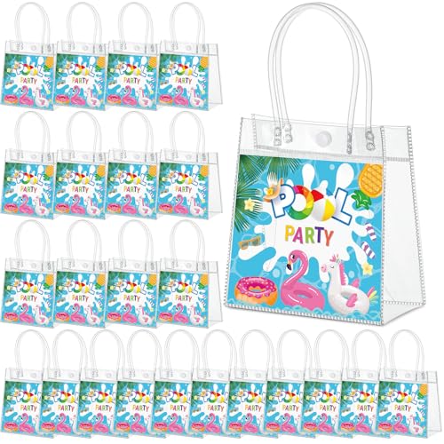 Aliceset 24 Pcs Pool Party Gift Bags with Handles Clear Swimming Theme Tote Bag Reusable Hawaii Themed Treat Bags for Summer Beach Pool Party Kids Birthday Supplies, 6.31" x 5.91" x 3.15" - style: Pool