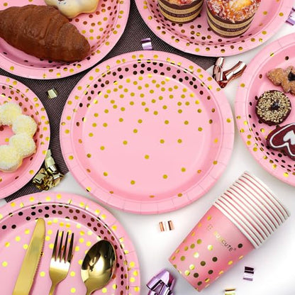 Pink and Gold Party Supplies 145PCS Golden Dot Paper Party Dinnerware Includes Paper Plates, Napkins, Knives, Forks, Cups, Banner, for Bachelorette, Girl Birthday, Baby Shower, Serves 24 - color: Pink Gold (Serves 24)