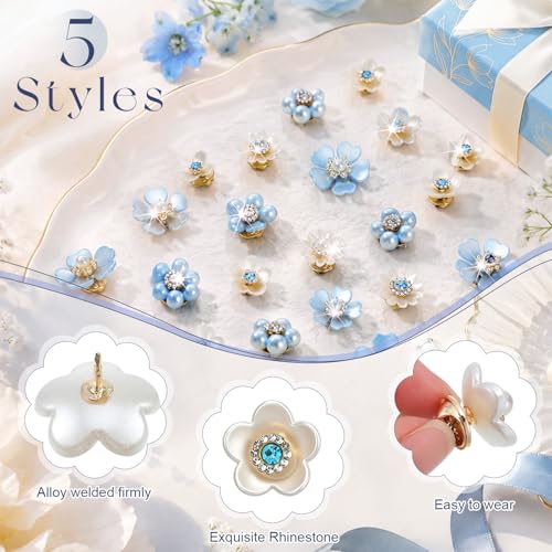 50 Pcs Pearl Rhinestone Brooch Pin Flower Embellishments Brooches and Pins for Women Lapel Pins No Sew Button Charms Accessories for Clothes Bags Wedding DIY Crafts, 5 Styles - color: Blue