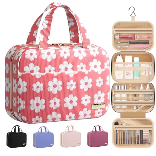 HOTOR Hanging Travel Toiletry Bag Women Men Essentials Pink White Daisy - color: Pink with White Daisy, size: Medium