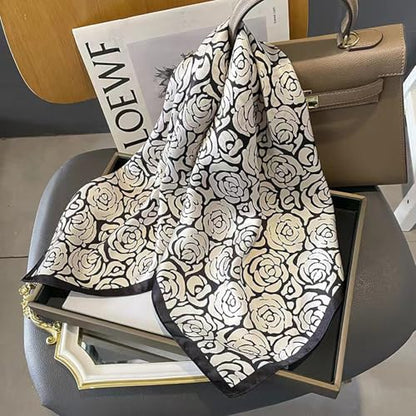 Sumolux Head Hair Scarf for Women Like Satin Silk Scarf Bandana Hair Wrapping Night Large Square Scarves 27.5" - color: Black Camellia