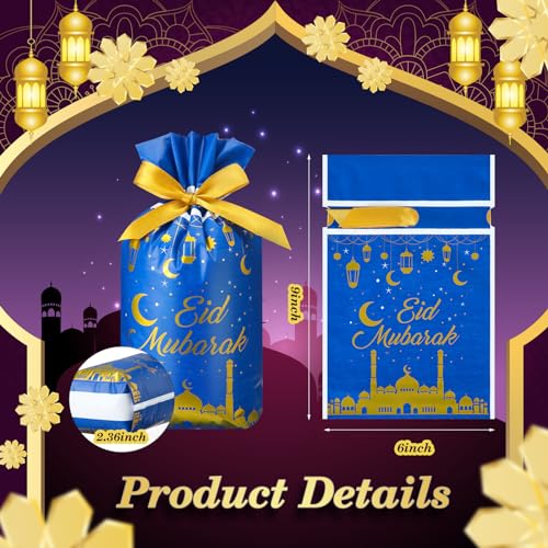 72 Pcs Eid Mubarak Gift Bags Plastic Treat Bags Drawstring Bags Eid Candy Goodie Bags Castle Moon Star Snack Wrap Bags for Eid Party Decorations Favors, 9.05 x 5.91 x 2 Inches