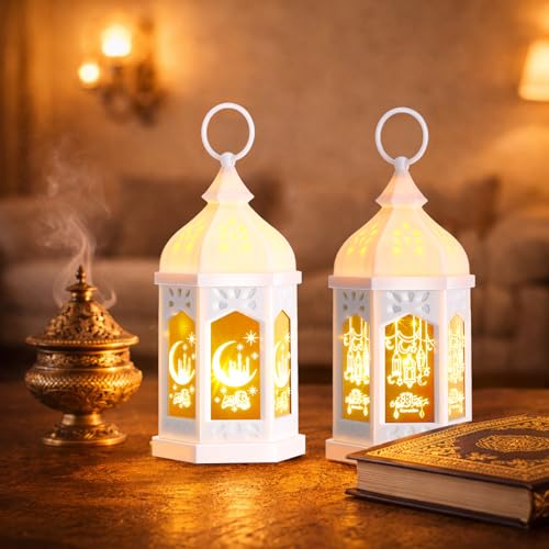 Retisee 2피스 17.8cm(7인치) 라마단 대형 이드 무바라크 랜턴 문 스타 벽걸이 LED 랜턴 홈 파티오 테이블 웨딩 센터피스 축제 장식용 (2가지 스타일, 화이트) - color: 화이트., size: 2 Styles