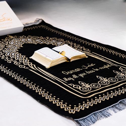 IEF Personalized Embroidered Prayer Rug Prayer Beads Yaseen Dua Book Quran Islamic Gift Set Ramadan Eid Hajj Umrah Wedding Birthday Mother's Day Father's Day Valentine's Day Gifts (Black) - color: Black