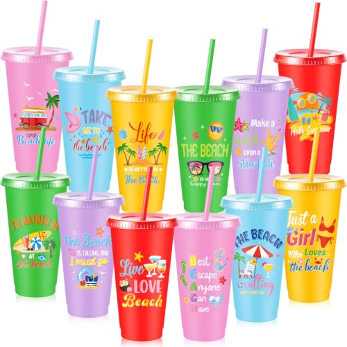 Chuangdi 12 Pcs Summer Beach Party Decoration Cups 24 oz Reusable Tumbler with Lids and Straws Plastic Drinking Cup for Beach Themed Party Favors Hawaiian Tropical Luau Pool Birthday Gifts - style: Beach Theme