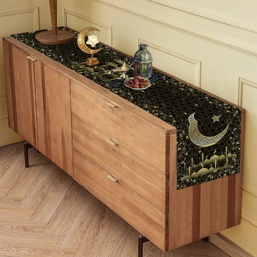 이드 무바라크 라마단 테이블 러너 33 x 182.9cm(13 x 72인치), 문 앤 스타 모스크 블랙 앤 골드 리넨 테이블 러너, 식탁, 옷장 및 홈 데코용 라마단 무바라크 테이블 러너 - color: 골드 블랙 이드 무바라크 라마단 테이블 러너