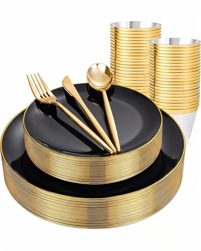 bUCLA 150PCS Black and Gold Plastic Plates - Black Gold Plastic Dinnerware Set Disposable - Include 25 Dinner / 25 Dessert Plates, 25 Knives, 25 Forks, 25 Spoons, 25 Cups, Ideal for Party & Graduation - color: Black/Gold, size: 25 Guests