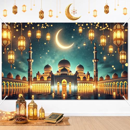 BlissYard Eid Decorations Banner Ramadan Decorations 71x43 Inch Backdrop Crescent Moon Mosque Banner Gold Lantern Decor Ramadan Kareem Backdrop Islamic Wall Decor Muslim Party Decor Hanging - color: Eid Decor #8