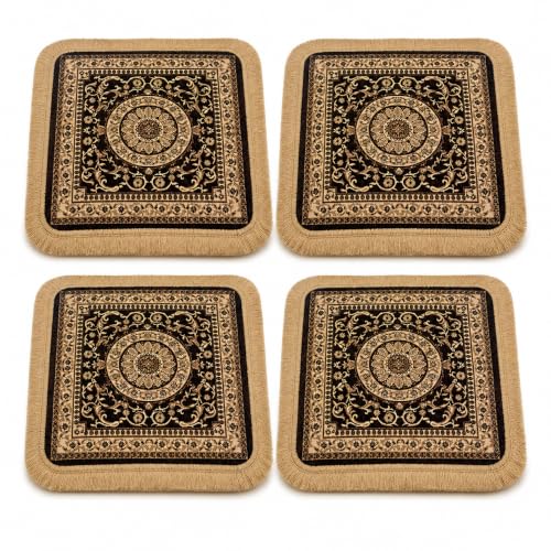 Soft Chenille Prayer Mat | 2x2 Feet Traditional Mandala Floral Pooja Aasan with Golden Fringes | Multipurpose Square Rug for Meditation, Yoga, Puja Room & Home (Pack of 4, Brown) - color: Brown, size: 2x2 Feet