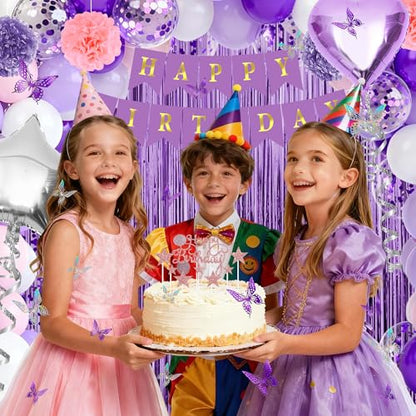 Purple birthday party decorations balloons kit for Women Girls, Balloons,Silver Foil Balloons,Fringe Curtains Happy Birthday Banner Paper Pompoms 3D Butterfly Cake Topper Party Supplies - style: Purple