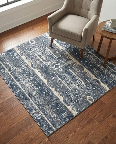 Rugs.com - Oregon Rug – 4 Ft Square Blue Easy-Clean Rug – Tribal Stripe Design for Bedrooms, Entryways, and Home Offices - color: Blue, size: 4' x 4' (Square)