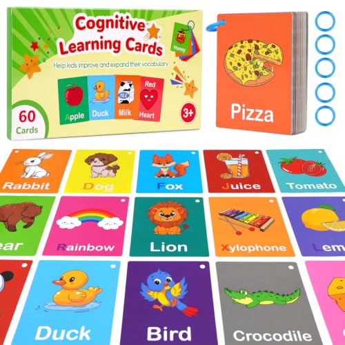 Toddler Learning Flash Cards, 60 PCS Double Sides Flashcards for Alphabets, Numbers, Colors, Shapes, Sight Words, Baby Cognitive Flashcards for Kids, Preschool Kindergarten Learning Activities - style: Cognitive Learning Cards