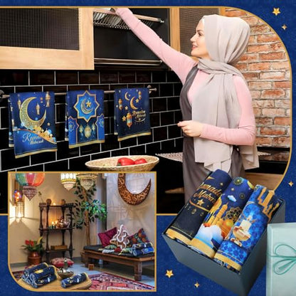 Mixweer 라마단 무바라크 주방 타월 Eid al Fitr 접시 타월 블루 골드 티 핸드 타월 파티 욕실 주방 홈 액세서리용, 6피스 40.6 x 61cm(16 x 24인치)